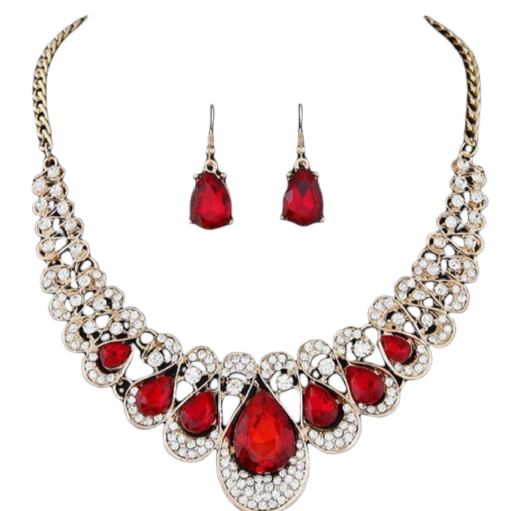 Rhinestone ruby and diamond necklace with drop pierce earrings